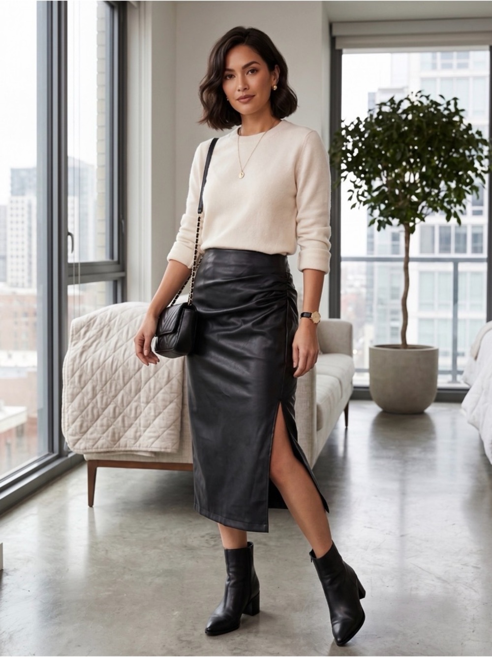 Boa (Because of Alice)High-Waist Black Faux Leather Midi Skirt with Side Slit